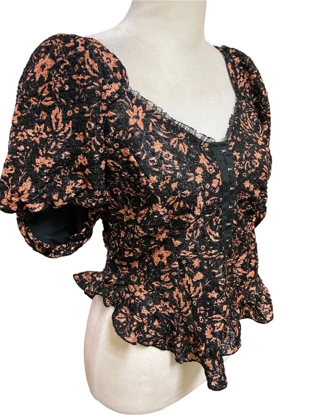 Free People Oh Baby Cropped Textured Puff Sleeve Blouse Black Size L Whimsigoth